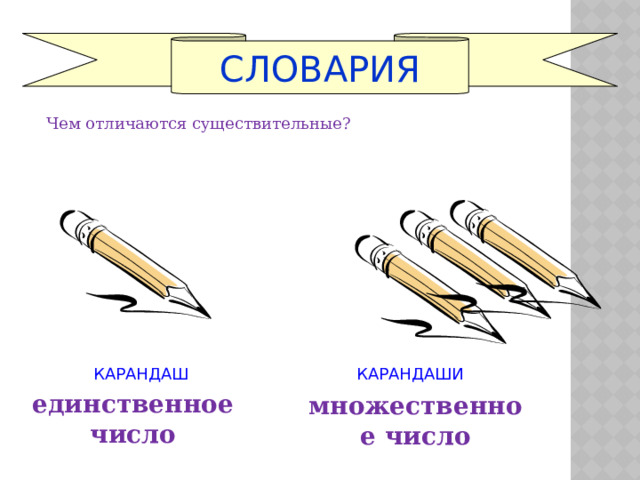 СЛОВАРИЯ Чем отличаются существительные? КАРАНДАШ КАРАНДАШИ единственное число множественное число 