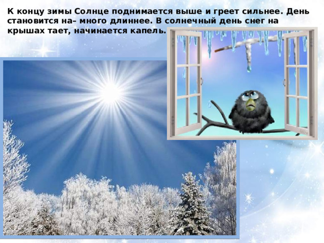 К концу зимы Солнце поднимается выше и греет сильнее. День становится на– много длиннее. В солнечный день снег на крышах тает, начинается капель. 