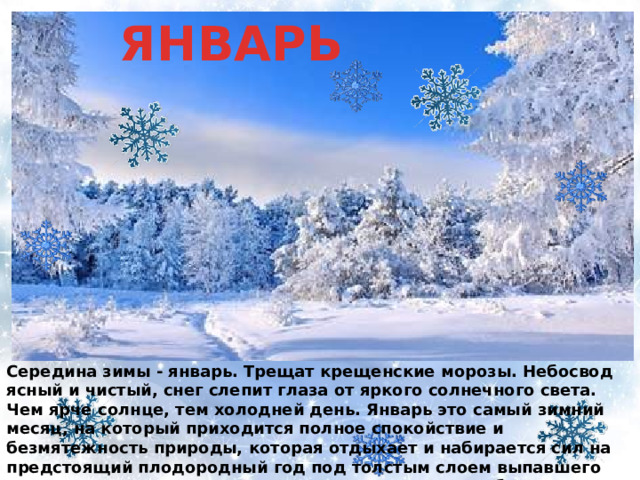 ЯНВАРЬ Середина зимы - январь. Трещат крещенские морозы. Небосвод ясный и чистый, снег слепит глаза от яркого солнечного света. Чем ярче солнце, тем холодней день. Январь это самый зимний месяц, на который приходится полное спокойствие и безмятежность природы, которая отдыхает и набирается сил на предстоящий плодородный год под толстым слоем выпавшего еще с прошлого месяца снега. Температура ровная без резких скачков. 