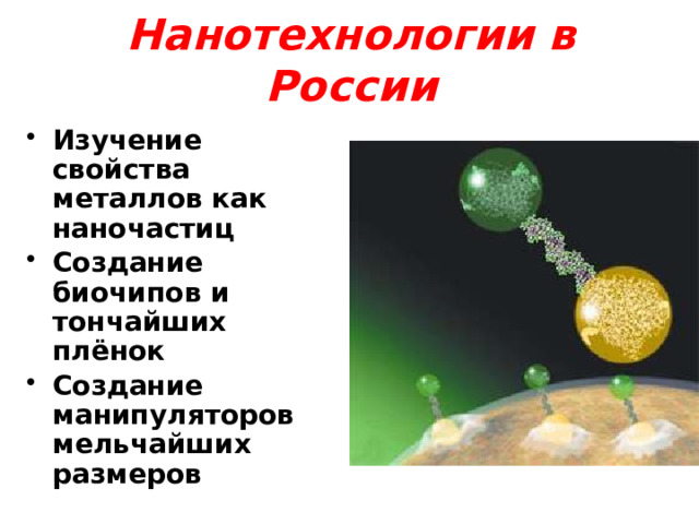 Нанотехнологии в России Изучение свойства металлов как наночастиц Создание биочипов и тончайших плёнок Создание манипуляторов мельчайших размеров 