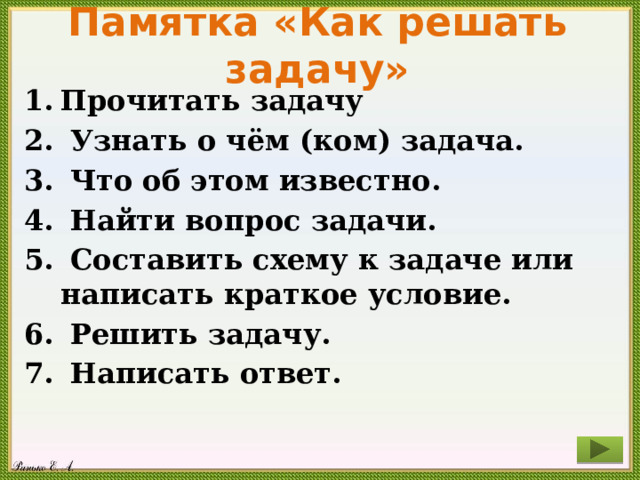 Памятка «Как решать задачу» Прочитать задачу  Узнать о чём (ком) задача.  Что об этом известно.  Найти вопрос задачи.  Составить схему к задаче или написать краткое условие.  Решить задачу.  Написать ответ. 