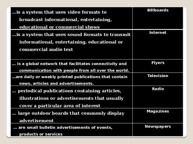 … is a system that uses video formats to broadcast informational, entertaining, educational or commercial shows Billboards … is a system that uses sound formats to transmit informational, entertaining, educational or commercial audio text  Internet … is a global network that facilitates connectivity and communication with people from all over the world. Flyers … are daily or weekly printed publications that contain news, articles and advertisements. Television … periodical publications containing articles, illustrations or advertisements that usually cover a particular area of interest Radio … large outdoor boards that commonly display advertisement Magazines … are small bulletin advertisements of events, products or services Newspapers 