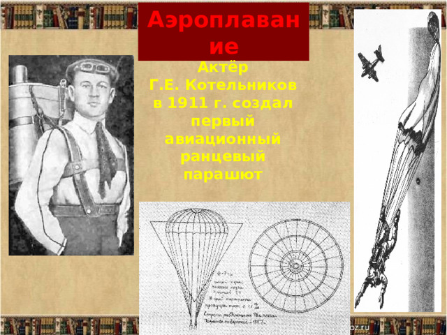 Аэроплавание Актёр Г.Е. Котельников в 1911 г. создал первый авиационный ранцевый парашют 
