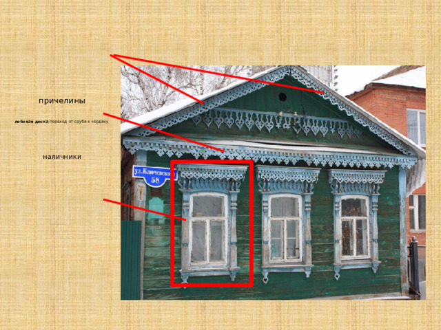 причелины     лобовая доска -переход от сруба к чердаку        наличники     