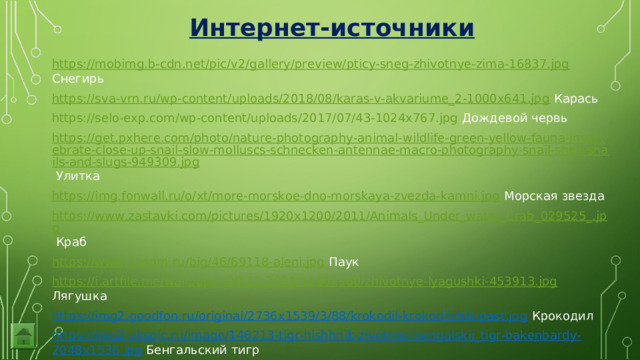 Интернет-источники https://mobimg.b-cdn.net/pic/v2/gallery/preview/pticy-sneg-zhivotnye-zima-16837.jpg Снегирь https://sva-vrn.ru/wp-content/uploads/2018/08/karas-v-akvariume_2-1000x641.jpg Карась https://selo-exp.com/wp-content/uploads/2017/07/43-1024x767.jpg Дождевой червь https://get.pxhere.com/photo/nature-photography-animal-wildlife-green-yellow-fauna-invertebrate-close-up-snail-slow-molluscs-schnecken-antennae-macro-photography-snail-shell-snails-and-slugs-949309.jpg Улитка https://img.fonwall.ru/o/xt/more-morskoe-dno-morskaya-zvezda-kamni.jpg Морская звезда https://www.zastavki.com/pictures/1920x1200/2011/Animals_Under_water_Crab_029525_.jpg Краб https://www.1zoom.ru/big/46/69118-aleni.jpg Паук https://i.artfile.me/wallpaper/29-12-2008/1280x960/zhivotnye-lyagushki-453913.jpg Лягушка https://img2.goodfon.ru/original/2736x1539/3/88/krokodil-krokodilchik-past.jpg Крокодил https://img2.akspic.ru/image/146213-tigr-hishhnik-zivotnoe-bengalskij_tigr-bakenbardy-2048x1536.jpg Бенгальский тигр https://animalreader.ru/wp-content/uploads/2014/10/oo-e1412190183685.jpg Кузнечик https://clip.cookdiary.net/sites/default/files/wallpaper/rainforest-clipart/175310/rainforest-clipart-simple-cartoon-175310-1762260.jpg  Титульный лист (фон) 