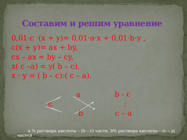 Составим и решим уравнение 0,01·с ·(х + у)= 0,01·а·х + 0,01·b·у , с(х + у)= ах + by, cx – ax = by – cy, x( c –a) = y( b – c), x : y = ( b – c):( c – a).  a b - c  c :  b c – a  а % раствора кислоты – (b – c) части, b% раствора кислоты – (с – а) частей 