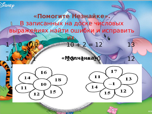 «Помогите Незнайке». В записанных на доске числовых выражениях найти ошибки и исправить их. 1 + 0 = 10   10 + 2 = 12   13 – 1 = 3 10 – 0 = 1   20 – 1 = 10   12 – 2 = 1 «Молчанка» 