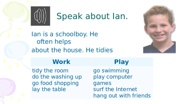 Speak about Ian. Ian is a schoolboy. He often helps about the house. He tidies … . Work tidy the room Play do the washing up go swimming go food shopping play computer games lay the table surf the Internet hang out with friends 