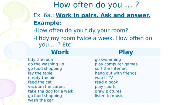 How often do you … ? Ex. 6a.: Work in pairs. Ask and answer. Example: -How often do you tidy your room? -I tidy my room twice a week. How often do you … ? Etc. Work tidy the room Play do the washing up go swimming go food shopping play computer games lay the table surf the Internet empty the bin hang out with friends feed the cat watch TV vacuum the carpet read a book take the dog for a walk play sports go food shopping draw pictures wash the car listen to music 