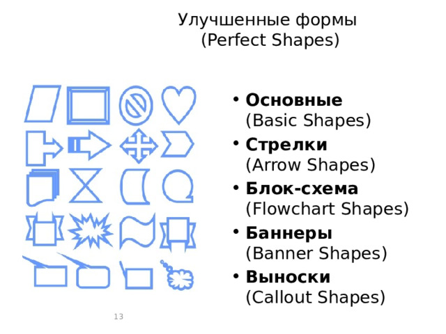 Улучшенные формы  (Perfect Shapes) Основные   (Basic Shapes) Стрелки   (Arrow Shapes) Блок-схема (Flowchart Shapes) Баннеры   (Banner Shapes) Выноски   (Callout Shapes)  