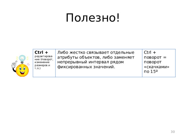 Полезно! Ctrl + редактирование (поворот, изменение размеров и т.п.) Либо жестко связывает отдельные атрибуты объектов, либо заменяет непрерывный интервал рядом фиксированных значений. Ctrl + поворот = поворот «скачками» по 15º а в  