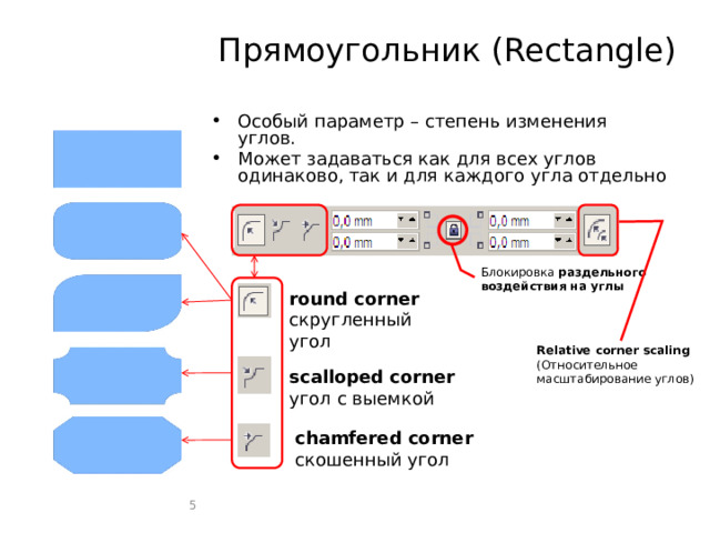 Прямоугольник (Rectangle) Особый параметр – степень изменения углов. Может задаваться как для всех углов одинаково, так и для каждого угла отдельно Блокировка раздельного воздействия на углы  углов round corner скругленный угол Relative corner scaling (Относительное масштабирование углов) углов scalloped corner угол с выемкой chamfered corner скошенный угол  