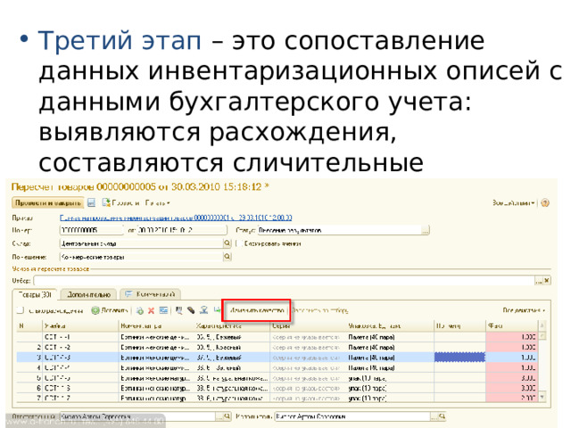 Третий этап – это сопоставление данных инвентаризационных описей с данными бухгалтерского учета: выявляются расхождения, составляются сличительные ведомости и определяются причины расхождений 