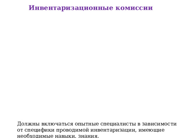 Инвентаризационные комиссии Должны включаться опытные специалисты в зависимости от специфики проводимой инвентаризации, имеющие необходимые навыки, знания. 