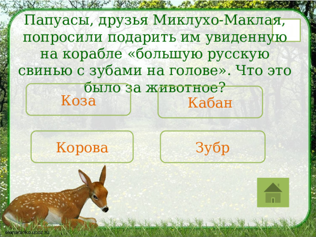 Папуасы, друзья Миклухо-Маклая, попросили подарить им увиденную на корабле «большую русскую свинью с зубами на голове». Что это было за животное? 21 Коза Кабан Зубр Корова 