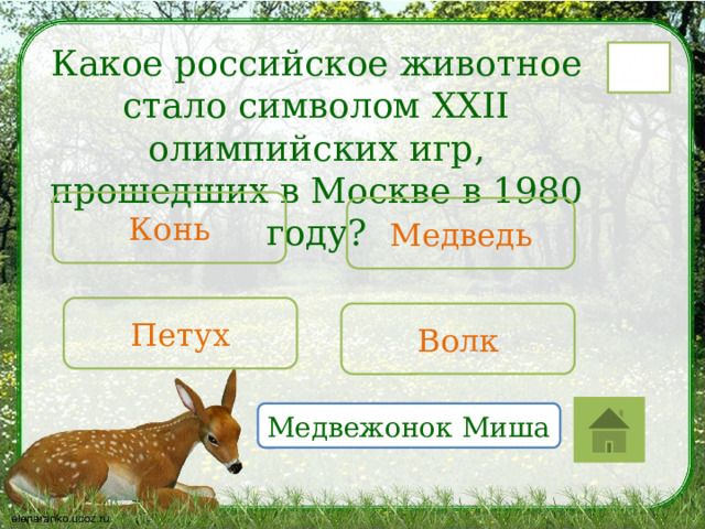Какое российское животное стало символом XXII олимпийских игр, прошедших в Москве в 1980 году? 23 Конь Медведь Петух Волк Медвежонок Миша 