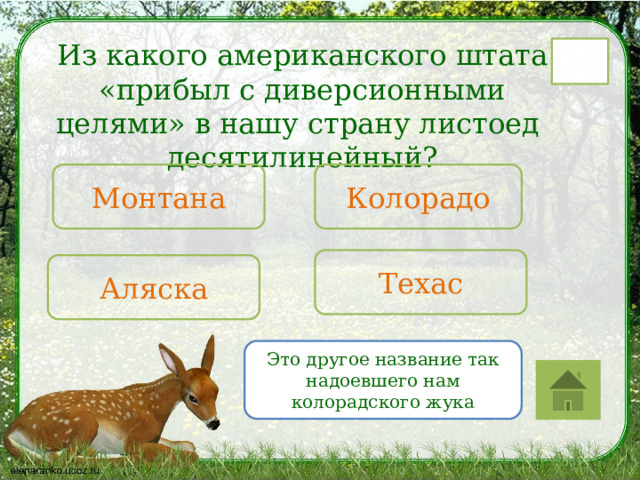 Из какого американского штата «прибыл с диверсионными целями» в нашу страну листоед десятилинейный? 34 Монтана Колорадо Техас Аляска Это другое название так надоевшего нам колорадского жука 
