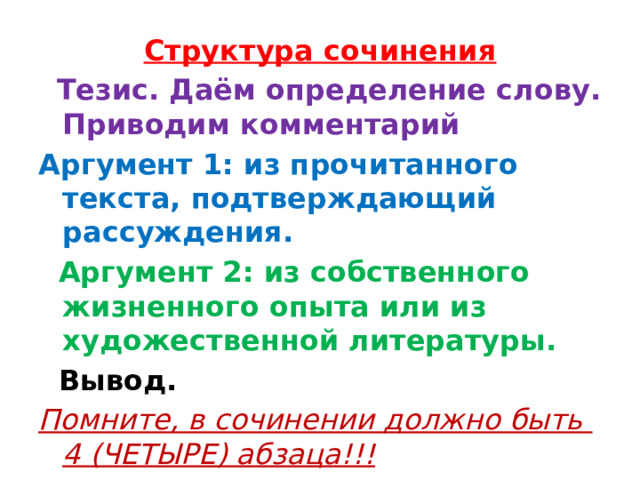 Структура сочинения    Тезис. Даём определение слову. Приводим комментарий Аргумент 1: из прочитанного текста, подтверждающий рассуждения.    Аргумент 2: из собственного жизненного опыта или из художественной литературы.    Вывод. Помните, в сочинении должно быть  4 (ЧЕТЫРЕ) абзаца!!! Количество слов – не менее 70 слов!!! 