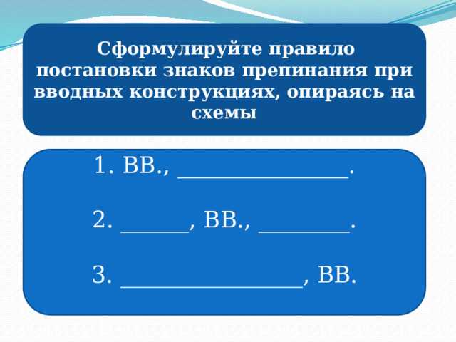    Сформулируйте правило постановки знаков препинания при вводных конструкциях, опираясь на схемы 1. ВВ., _______________.   2. ______, ВВ., ________.   3. ________________, ВВ.    