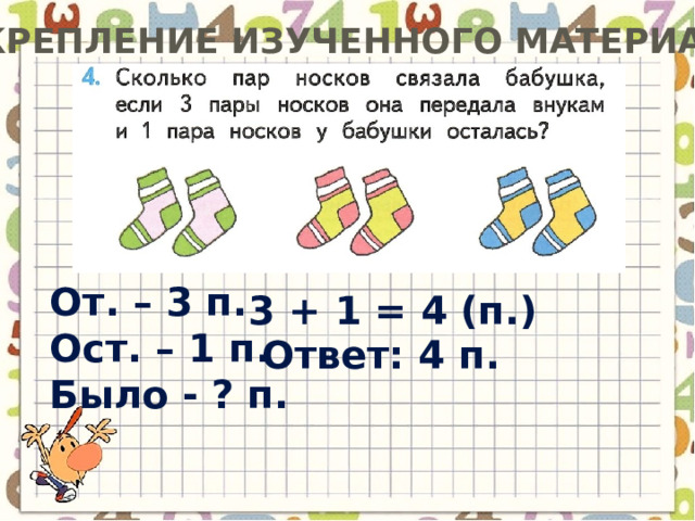 Закрепление изученного материала От. – 3 п. Ост. – 1 п. Было - ? п. 3 + 1 = 4 (п.) Ответ: 4 п. 