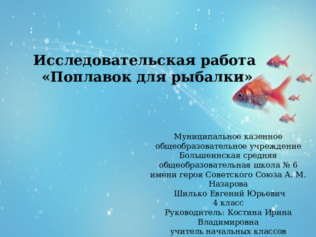  Исследовательская работа  «Поплавок для рыбалки» Муниципальное казенное общеобразовательное учреждение Большеинская средняя общеобразовательная школа № 6 имени героя Советского Союза А. М. Назарова  Шилько Евгений Юрьевич 4 класс Руководитель: Костина Ирина Владимировна учитель начальных классов 