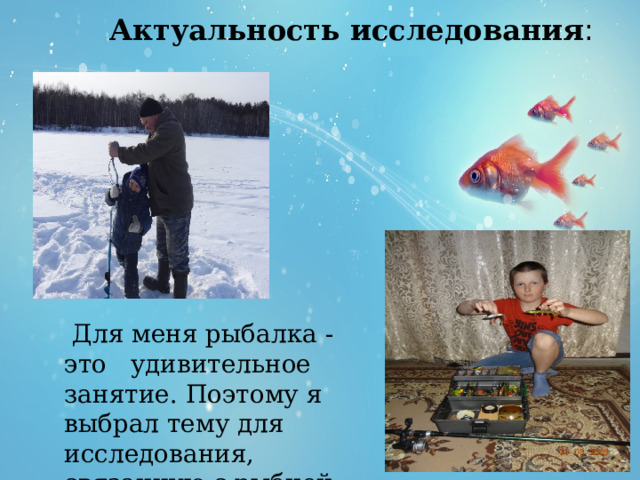 Актуальность исследования :  Для меня рыбалка - это удивительное занятие. Поэтому я выбрал тему для исследования, связанную с рыбной ловлей. 