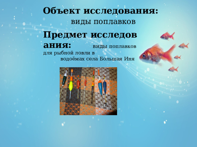 Объект   исследования:   виды поплавков Предмет   исследования:  виды  поплавков для рыбной ловли в  водоёмах села Большая Иня  