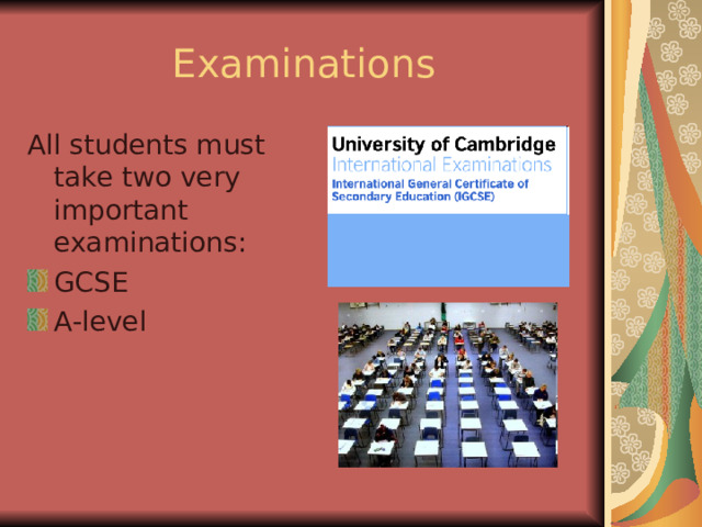 Examinations All students must take two very important examinations: GCSE A-level  