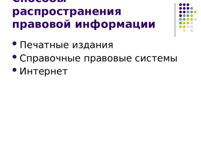 Способы распространения правовой информации Печатные издания Справочные правовые системы Интернет 