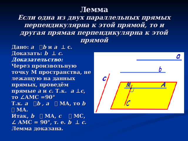 Лемма  Если одна из двух параллельных прямых перпендикулярна к этой прямой, то и другая прямая перпендикулярна к этой прямой  Дано: а   ⃦ b и а  ⊥ с.  Доказать: b  ⊥  c. Доказательство:  Через произвольную точку М пространства, не лежащую на данных прямых, проведём прямые а и с. Т.к. а ⊥ с , то ∠ АМС = 90 °  Т.к. а   ⃦ b , а   ⃦  МА, то b ⃦ МА.  Итак, b ⃦ МА, с    ⃦ МС, ∠  АМС = 90 ° , т. е. b  ⊥  c .  Лемма доказана.   