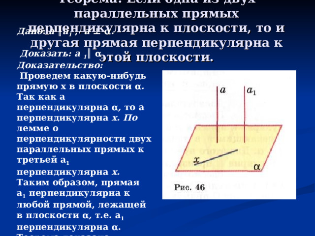 Теорема: Если одна из двух параллельных прямых перпендикулярна к плоскости, то и другая прямая перпендикулярна к этой плоскости.   Дано : а ║ а 1  , а ⊥ α .   Доказать:  а 1 ║ α Доказательство:  Проведем какую-нибудь прямую х в плоскости  α . Так как а перпендикулярна  α , то а  перпендикулярна х. По лемме о перпендикулярности двух параллельных прямых к третьей  а 1 перпендикулярна х. Таким образом, прямая а 1 перпендикулярна  к любой прямой, лежащей в плоскости α , т.е. а 1 перпендикулярна  α . Теорема доказана.     