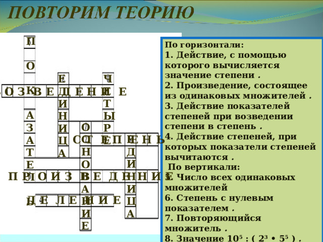 П  О  К  А  З  А  Т  Е  Л  Ь По горизонтали: 1. Действие, с помощью которого вычисляется значение степени . 2. Произведение, состоящее из одинаковых множителей . 3. Действие показателей степеней при возведении степени в степень . 4. Действие степеней, при которых показатели степеней вычитаются .  По вертикали: 5. Число всех одинаковых множителей 6. Степень с нулевым показателем . 7. Повторяющийся множитель . 8. Значение 10 5 : ( 2 3 • 5 5 ) . 9. Показатель степени, который обычно не пишут . Ч  Е  Т  Ы  Р  Е Е  Д  И  Н  И  Ц  А В О З В Е Д Е Н И Е О  С  Н  О  В  А  Н  И  Е С Т Е П Е Н Ь Е  Д  И  Н  И  Ц  А П Р О И З В Е Д Е Н И Е Д Е Л Е Н И Е 