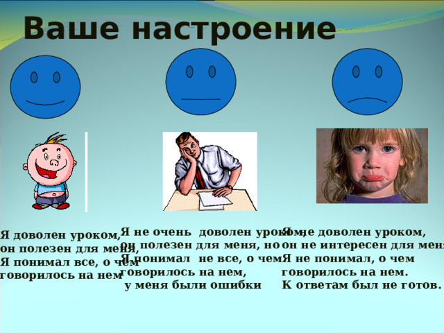 Ваше настроение Я не очень доволен уроком, он полезен для меня, но Я понимал не все, о чем говорилось на нем,  у меня были ошибки  Я не доволен уроком, он не интересен для меня, Я не понимал, о чем говорилось на нем. К ответам был не готов.  Я доволен уроком, он полезен для меня, Я понимал все, о чем говорилось на нем  