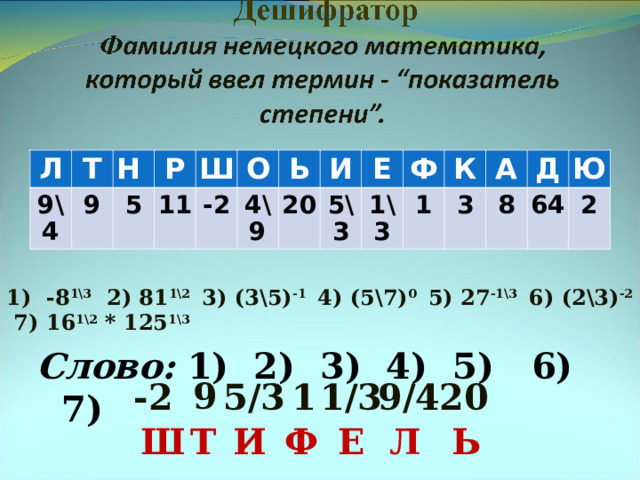 Л Т 9\4 9 Н Р 5 11 Ш О -2 4\9 Ь И 20 5\3 Е Ф 1\3 1 К 3 А 8 Д Ю 64 2 1) -8 1\3 2) 81 1\2 3) (3\5) -1 4) (5\7) 0 5) 27 -1\3 6) (2\3) -2 7) 16 1\2 * 125 1\3  Слово: 1 ) 2 )   3 )   4 )   5 )   6 )   7 )  9 9/4 20 -2 1/3 1 5 /3 Ф Е Ш Т И Л Ь 