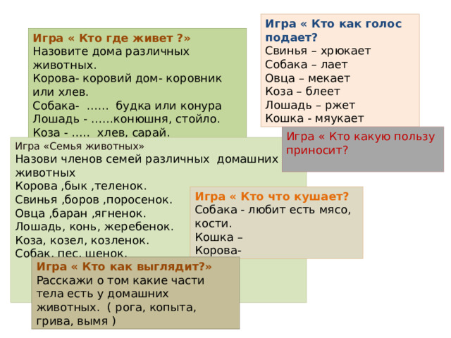 Игра « Кто как голос подает? Свинья – хрюкает Собака – лает Овца – мекает Коза – блеет Лошадь – ржет Кошка - мяукает Игра « Кто где живет ?» Назовите дома различных животных. Корова- коровий дом- коровник или хлев. Собака- …… будка или конура Лошадь - ……конюшня, стойло. Коза - ….. хлев, сарай. Овца - …. хлев, ясли. Кошка -… дом, квартира. Игра « Кто какую пользу приносит? Игра «Семья животных» Назови членов семей различных домашних животных Корова ,бык ,теленок. Свинья ,боров ,поросенок. Овца ,баран ,ягненок. Лошадь, конь, жеребенок. Коза, козел, козленок. Собак, пес, щенок. Игра « Кто что кушает? Собака - любит есть мясо, кости. Кошка – Корова- Игра « Кто как выглядит?» Расскажи о том какие части тела есть у домашних животных. ( рога, копыта, грива, вымя ) 