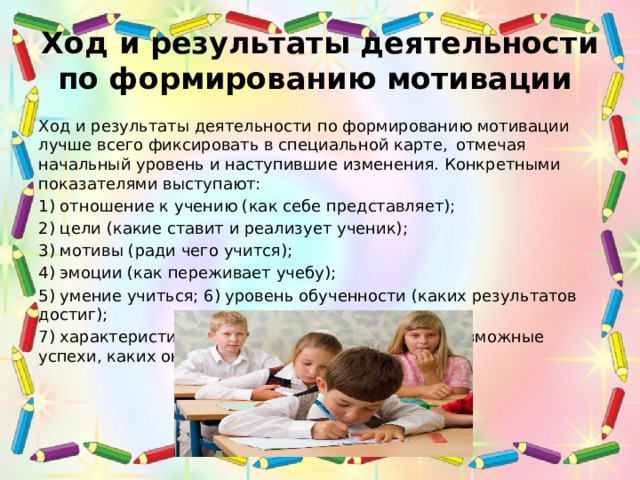 Ход и результаты деятельности по формированию мотивации Ход и результаты деятельности по формированию мотивации лучше всего фиксировать в специальной карте,  отмечая начальный уровень и наступившие изменения. Конкретными показателями выступают: 1) отношение к учению (как себе представляет); 2) цели (какие ставит и реализует ученик); 3) мотивы (ради чего учится); 4) эмоции (как переживает учебу); 5) умение учиться; 6) уровень обученности (каких результатов достиг); 7) характеристики обучаемости (потенциально возможные успехи, каких он мог бы достигнуть). 