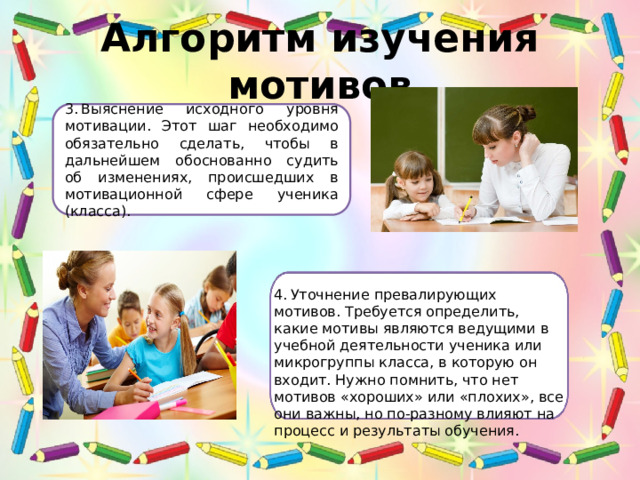 Алгоритм изучения мотивов 3. Выяснение исходного уровня мотивации. Этот шаг необходимо обязательно сделать, чтобы в дальнейшем обоснованно судить об изменениях, происшедших в мотивационной сфере ученика (класса). 4. Уточнение превалирующих мотивов. Требуется определить, какие мотивы являются ведущими в учебной деятельности ученика или микрогруппы класса, в которую он входит. Нужно помнить, что нет мотивов «хороших» или «плохих», все они важны, но по-разному влияют на процесс и результаты обучения. 