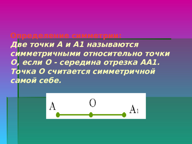 Определение симметрии:      Две точки А и А1 называются симметричными относительно точки О, если О - середина отрезка АА1. Точка О считается симметричной самой себе.    