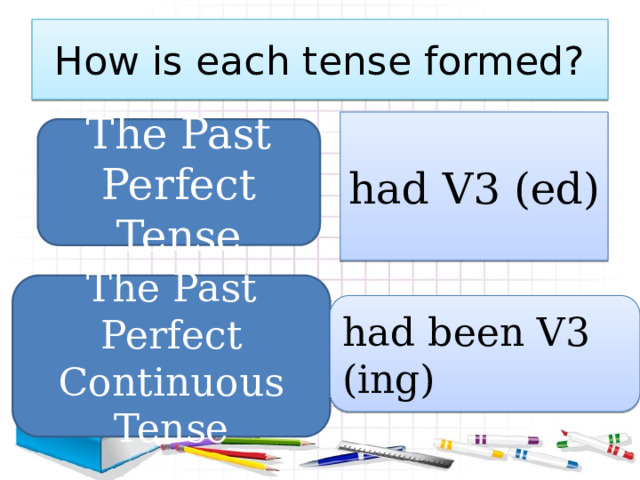 How is each tense formed? had V3 (ed) The Past Perfect Tense The Past Perfect Continuous Tense had been V3 (ing) 