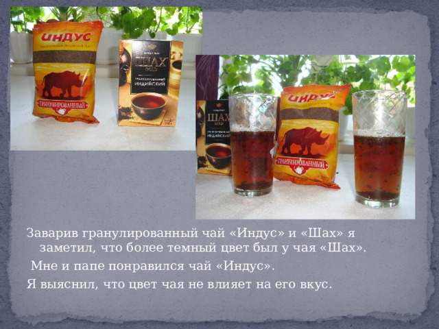 Заварив гранулированный чай «Индус» и «Шах» я заметил, что более темный цвет был у чая «Шах».  Мне и папе понравился чай «Индус». Я выяснил, что цвет чая не влияет на его вкус. 