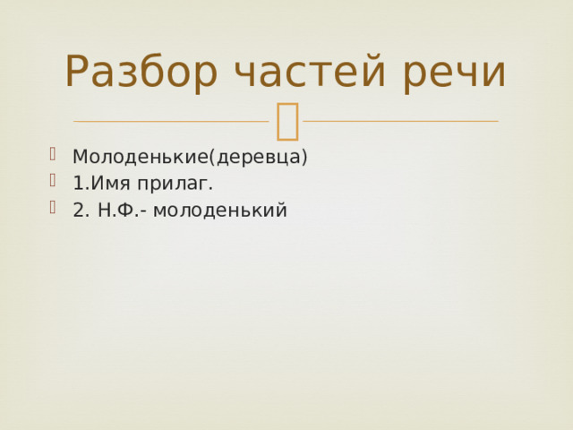 Разбор частей речи Молоденькие(деревца) 1.Имя прилаг. 2. Н.Ф.- молоденький 
