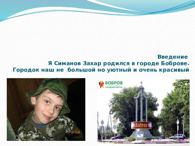     Введение   Я Симанов Захар родился в городе Боброве.  Городок наш не большой но уютный и очень красивый 