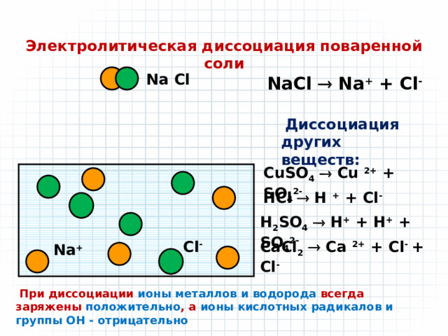Электролитическая диссоциация поваренной соли Na Cl NaCl  Na + + Cl -  Диссоциация других веществ: CuSO 4   Cu 2+ + SO 4 2- HCl  H + + Cl - H 2 SO 4   H + + H + + SO 4 2- CaCl 2   Ca 2+ + Cl - + Cl - Cl - Na +  При диссоциации ионы металлов и водорода всегда заряжены положительно , а ионы кислотных радикалов и группы ОН - отрицательно 