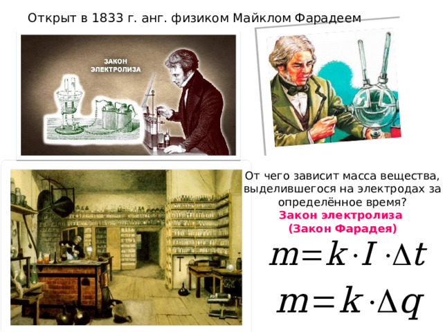  Открыт в 1833 г. анг. физиком Майклом Фарадеем От чего зависит масса вещества, выделившегося на электродах за определённое время?  Закон электролиза  (Закон Фарадея) 