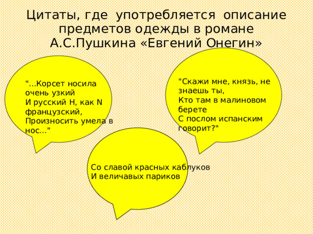 Цитаты, где употребляется описание предметов одежды в романе А.С.Пушкина «Евгений Онегин» 