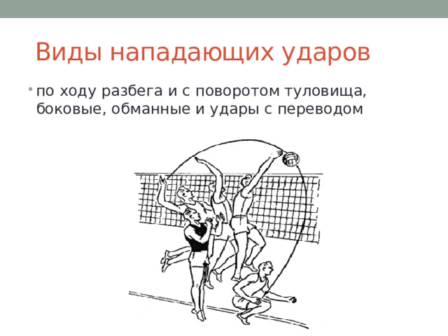   Виды нападающих ударов по ходу разбега и с поворотом туловища, боковые, обманные и удары с переводом 