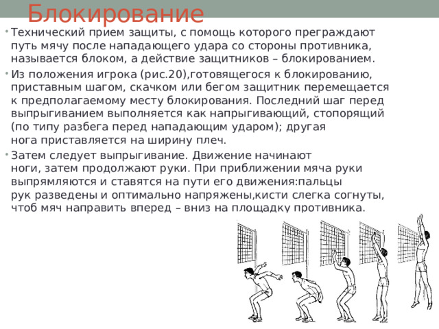 Блокирование Технический прием защиты, с помощь которого преграждают путь мячу после нападающего удара со стороны противника, называется блоком, а действие защитников – блокированием. Из положения игрока (рис.20),готовящегося к блокированию, приставным шагом, скачком или бегом защитник перемещается к предполагаемому месту блокирования. Последний шаг перед выпрыгиванием выполняется как напрыгивающий, стопорящий (по типу разбега перед нападающим ударом); другая нога приставляется на ширину плеч. Затем следует выпрыгивание. Движение начинают ноги, затем продолжают руки. При приближении мяча руки выпрямляются и ставятся на пути его движения:пальцы рук разведены и оптимально напряжены,кисти слегка согнуты, чтоб мяч направить вперед – вниз на площадку противника.    