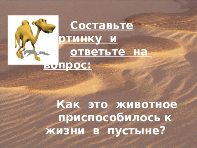  Составьте картинку и   ответьте на вопрос:   Как это животное приспособилось к жизни в пустыне? 