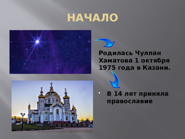 НАЧАЛО Родилась Чулпан Хаматова 1 октября 1975 года в Казани. В 14 лет приняла православие 