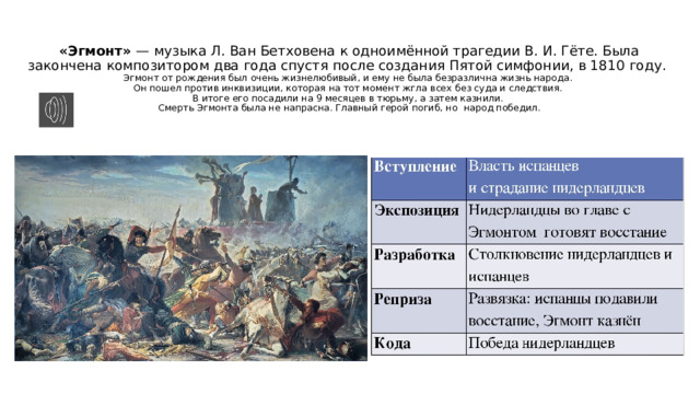 «Эгмонт» — музыка Л. Ван Бетховена к одноимённой трагедии В. И. Гёте. Была закончена композитором два года спустя после создания Пятой симфонии, в 1810 году.  Эгмонт от рождения был очень жизнелюбивый, и ему не была безразлична жизнь народа.  Он пошел против инквизиции, которая на тот момент жгла всех без суда и следствия.  В итоге его посадили на 9 месяцев в тюрьму, а затем казнили.  Смерть Эгмонта была не напрасна. Главный герой погиб, но народ победил. 